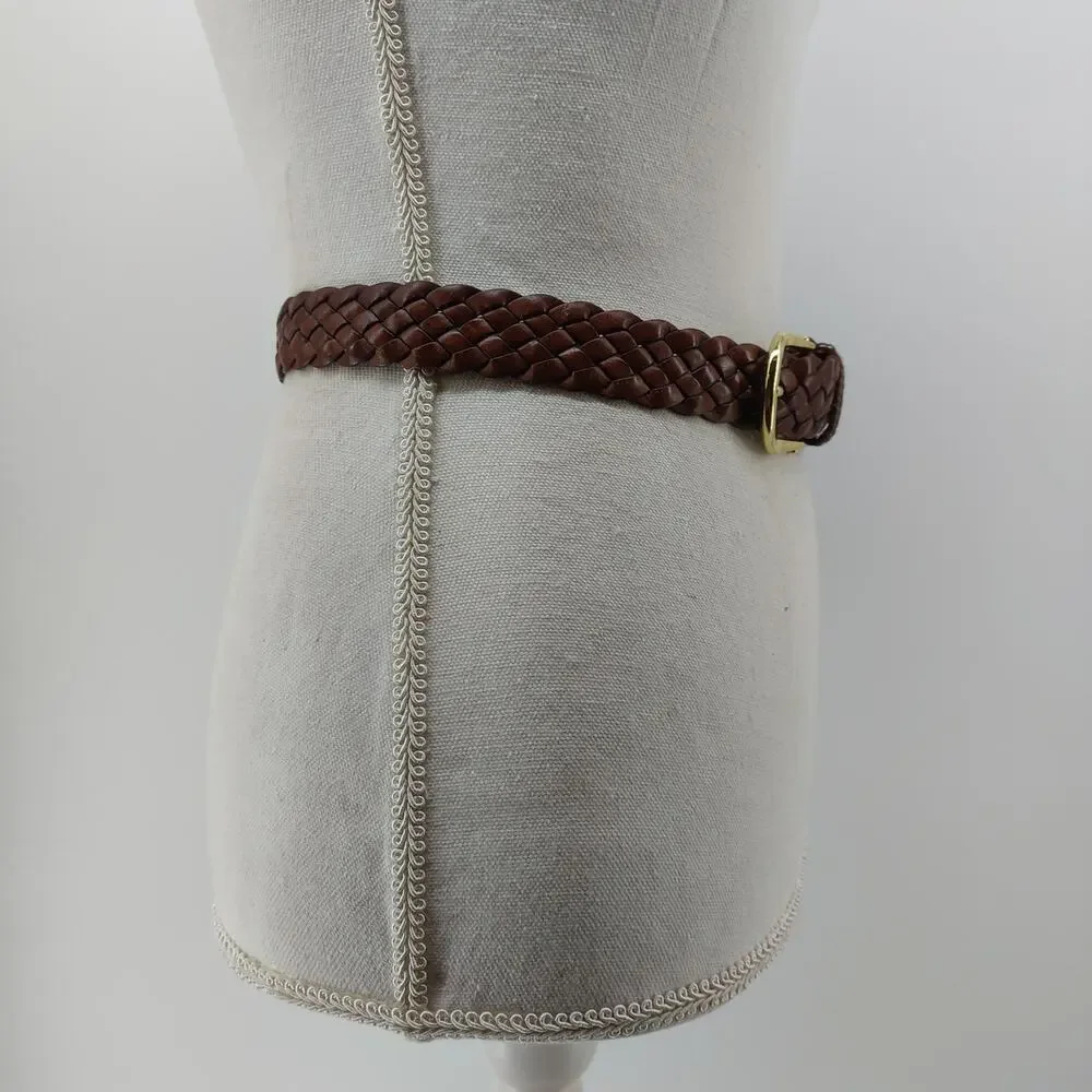 NY & CO Women's Sz L Brown Braided Belt Gold Buckle Casual